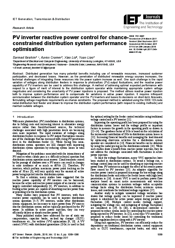 (PDF) PV inverter reactive power control for chance‐constrained ...