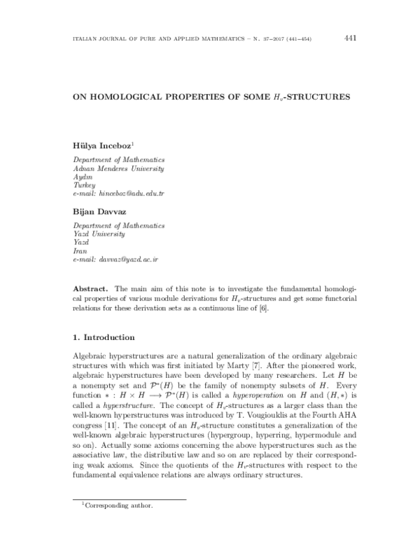 (PDF) ON HOMOLOGICAL PROPERTIES OF SOME H v-STRUCTURES