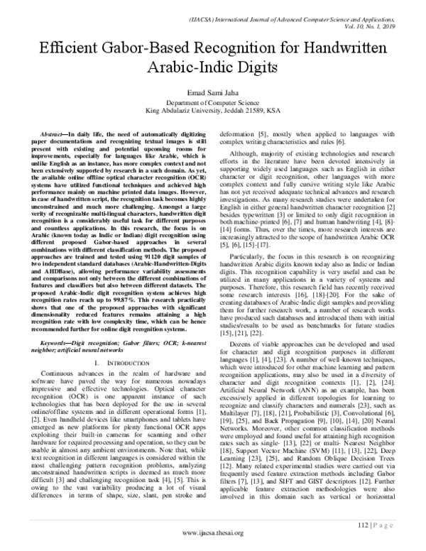 (PDF) Efficient Gabor-Based Recognition for Handwritten Arabic-Indic Digits