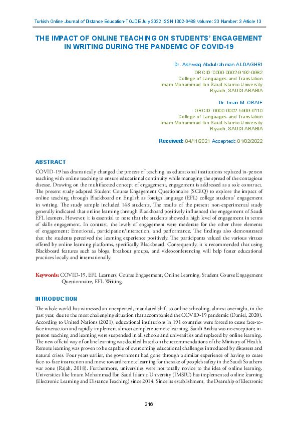 (PDF) The Impact of Online Teaching on Students’ Engagement in Writing ...