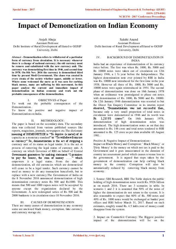 (PDF) Impact of Demonetization on Indian Economy