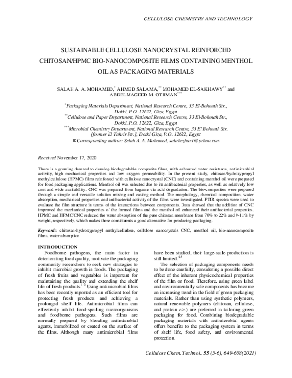(PDF) Sustainable Cellulose Nanocrystal Reinforced Chitosan/HPMC Bio ...