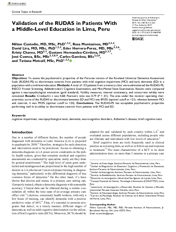 (PDF) Validation of the RUDAS in Patients With a Middle-Level Education ...