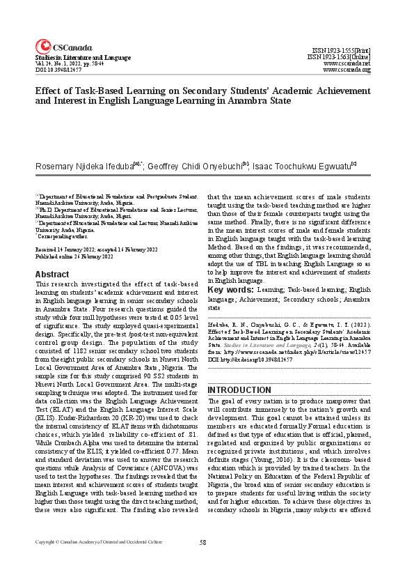 (PDF) Effect of Task-Based Learning on Secondary Students' Academic ...