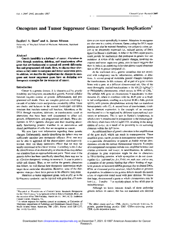 (PDF) Oncogenes and tumor suppressor genes: therapeutic implications