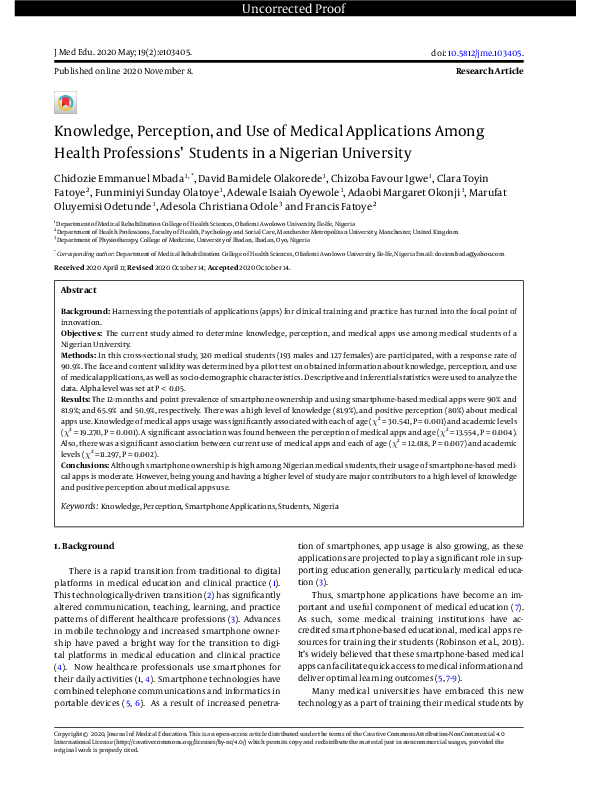 (PDF) Knowledge, Perception, and Use of Medical Applications Among ...