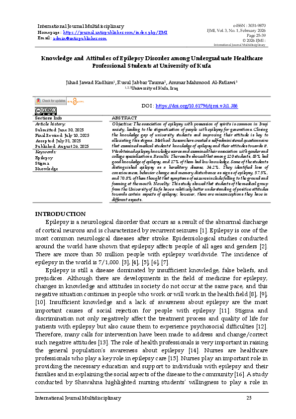 (PDF) Knowledge and Attitudes of Epilepsy Disorder among Undergraduate ...