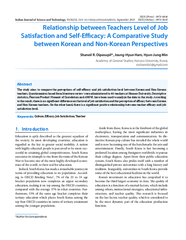 (PDF) Relationship between Teachers Level of Job Satisfaction and Self ...