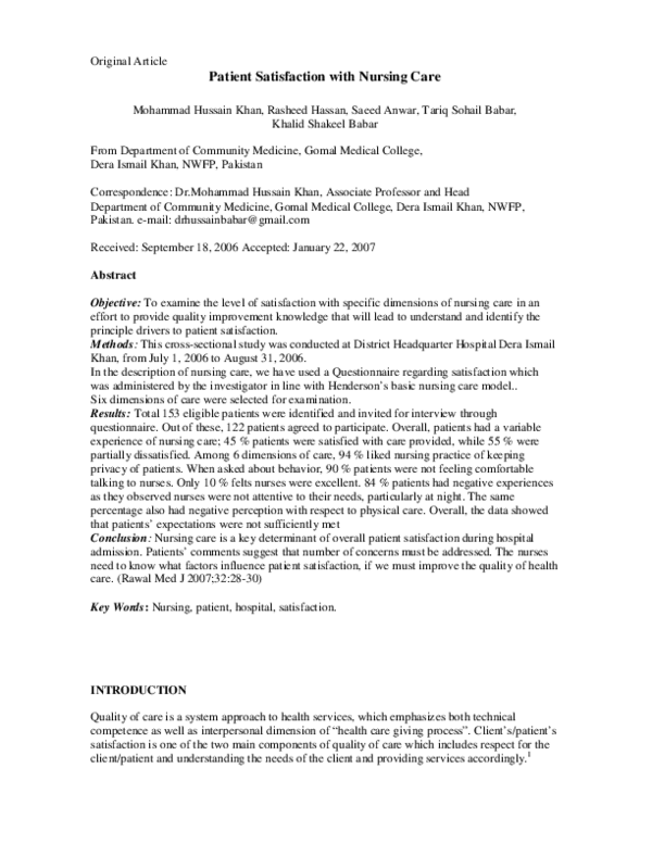 (PDF) Patient Satisfaction with Nursing Care