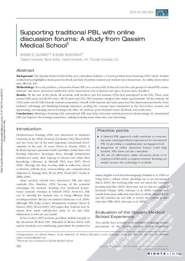 (PDF) Supporting traditional PBL with online discussion forums: A study ...