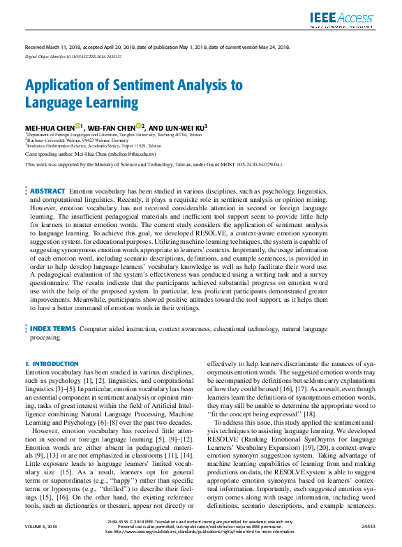 (PDF) Application of Sentiment Analysis to Language Learning