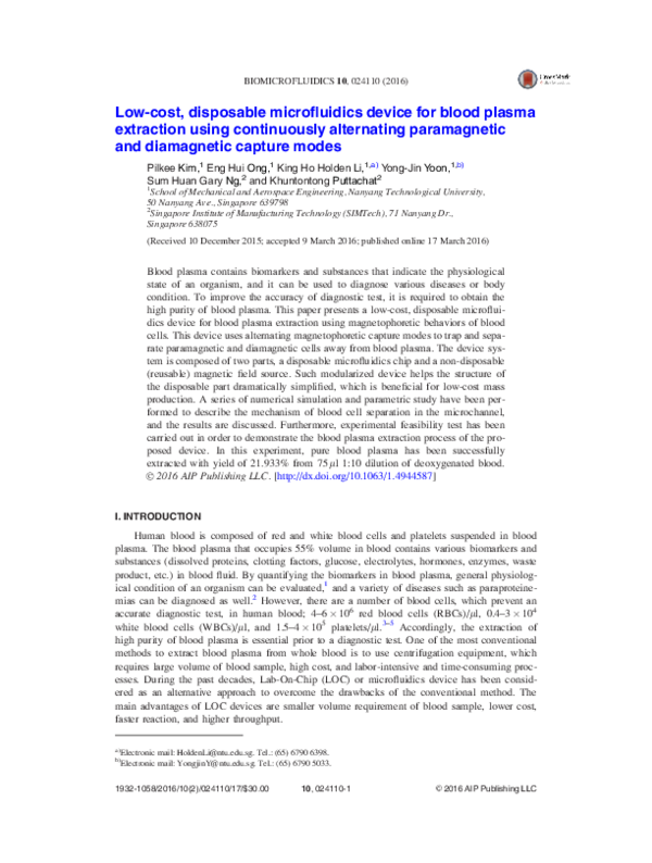 (PDF) Low-cost, disposable microfluidics device for blood plasma ...