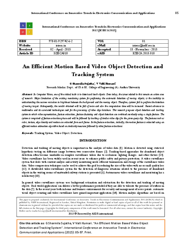 (PDF) An Efficient Motion Based Video Object Detection and Tracking System