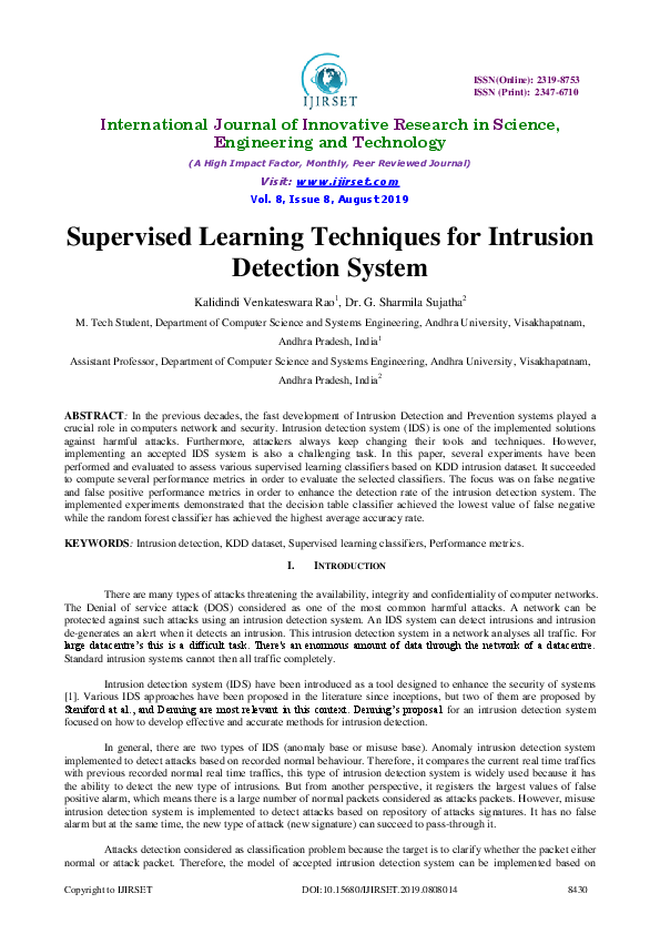 (PDF) Supervised Learning Techniques for Intrusion Detection System