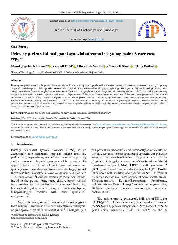 (PDF) Primary pericardial malignant synovial sarcoma in a young male: A ...