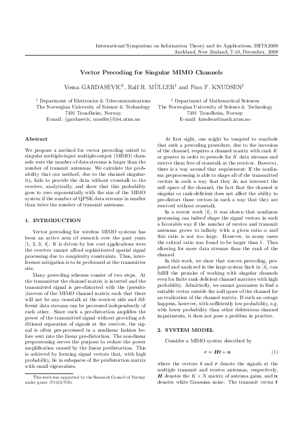 (PDF) Vector precoding for singular MIMO channels