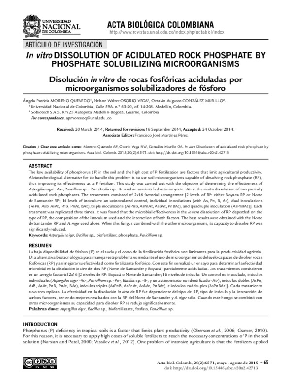 (PDF) In vitro DISSOLUTION OF ACIDULATED ROCK PHOSPHATE BY PHOSPHATE ...