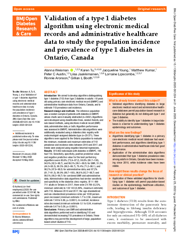 (PDF) Validation of a type 1 diabetes algorithm using electronic ...
