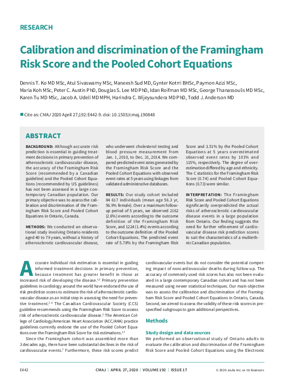 (PDF) Calibration and discrimination of the Framingham Risk Score and ...