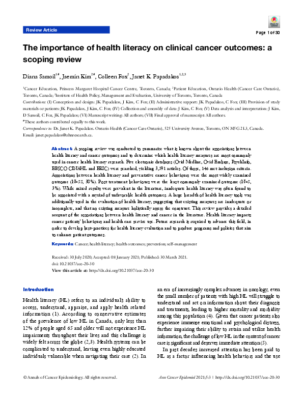 (PDF) The importance of health literacy on clinical cancer outcomes: a ...