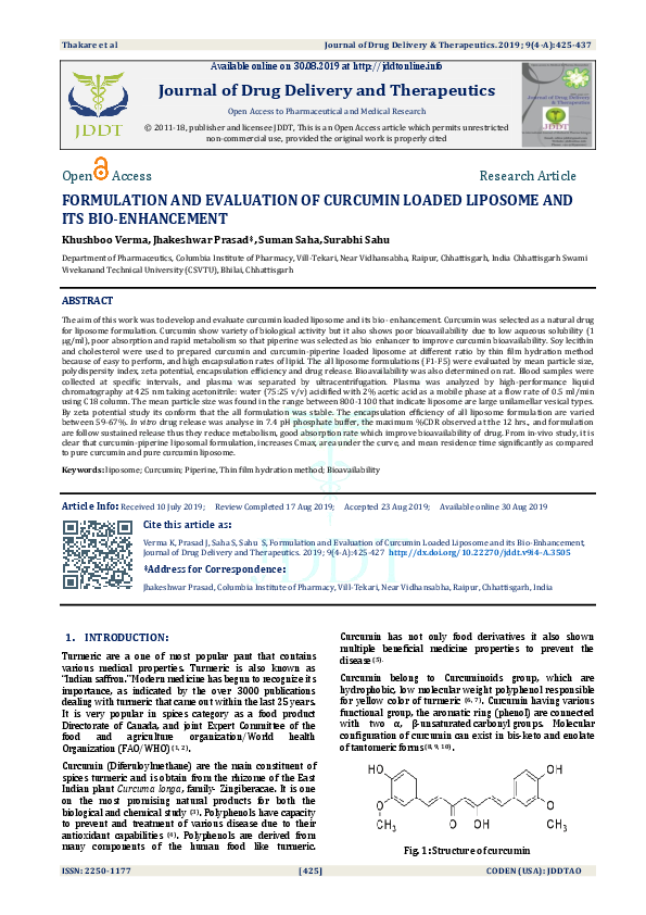 (PDF) Formulation and Evaluation of Curcumin Loaded Liposome and Its ...