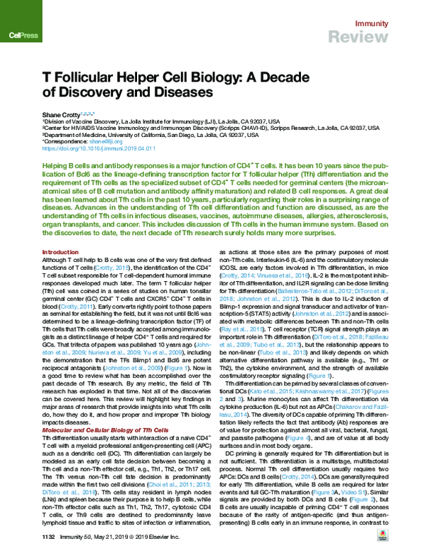 (PDF) T Follicular Helper Cell Biology: A Decade of Discovery and Diseases
