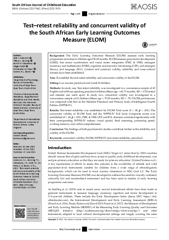 (PDF) Test–retest reliability and concurrent validity of the South ...