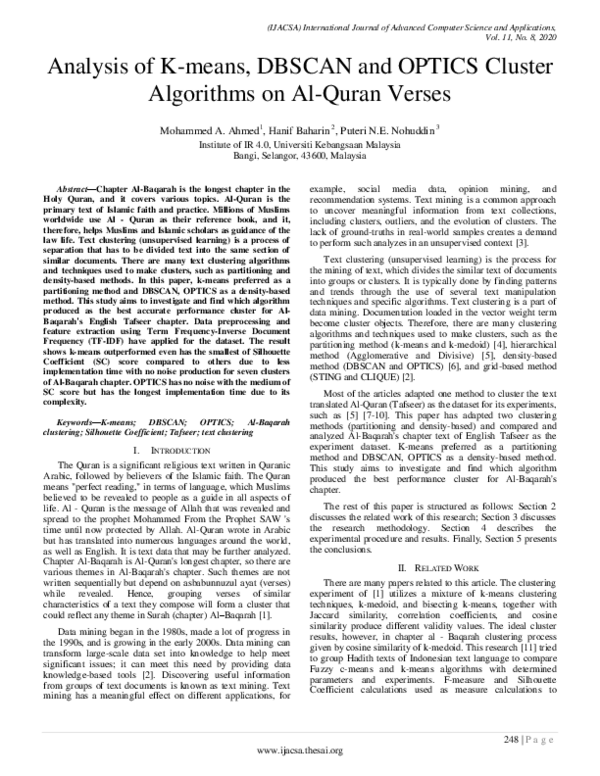(PDF) Analysis of K-means, DBSCAN and OPTICS Cluster Algorithms on Al ...