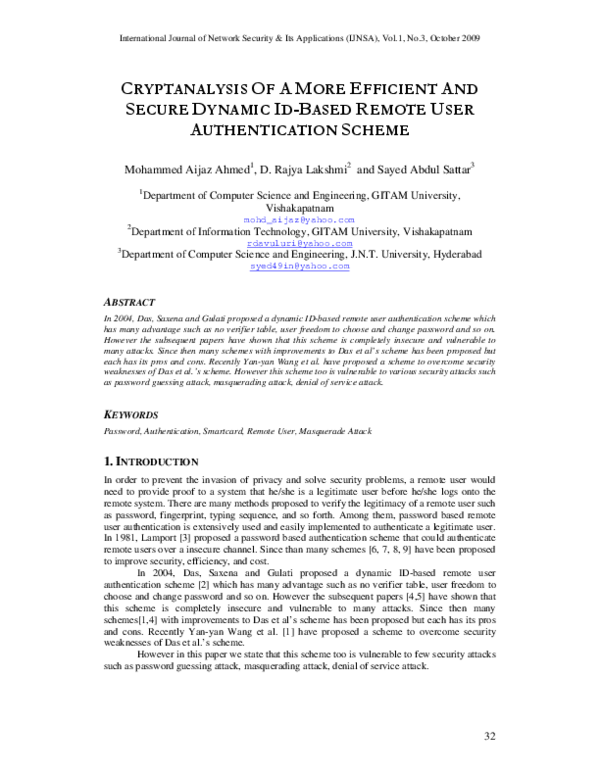 (PDF) Cryptanalysis of a More Efficient and Secure Dynamic Id-Based ...