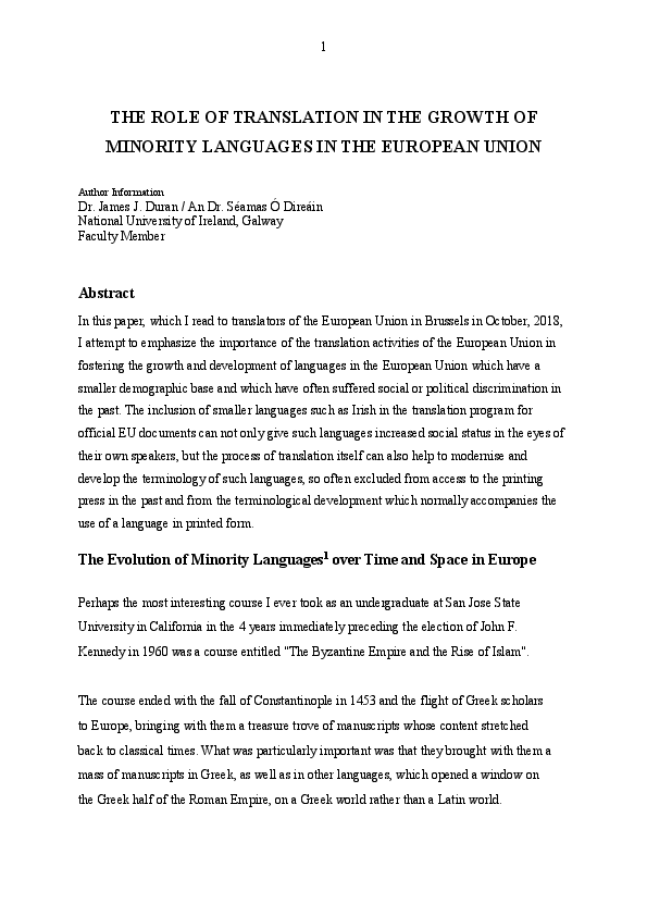(PDF) THE ROLE OF TRANSLATION IN THE GROWTH OF MINORITY LANGUAGES IN ...