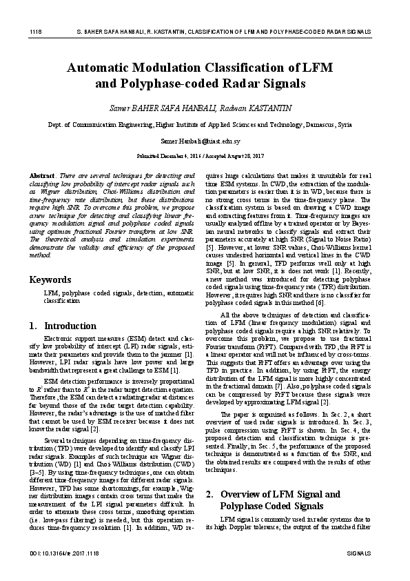 (PDF) Automatic Modulation Classification of LFM and Polyphase-coded ...