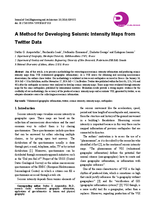 (PDF) A Method for Developing Seismic Intensity Maps from Twitter Data