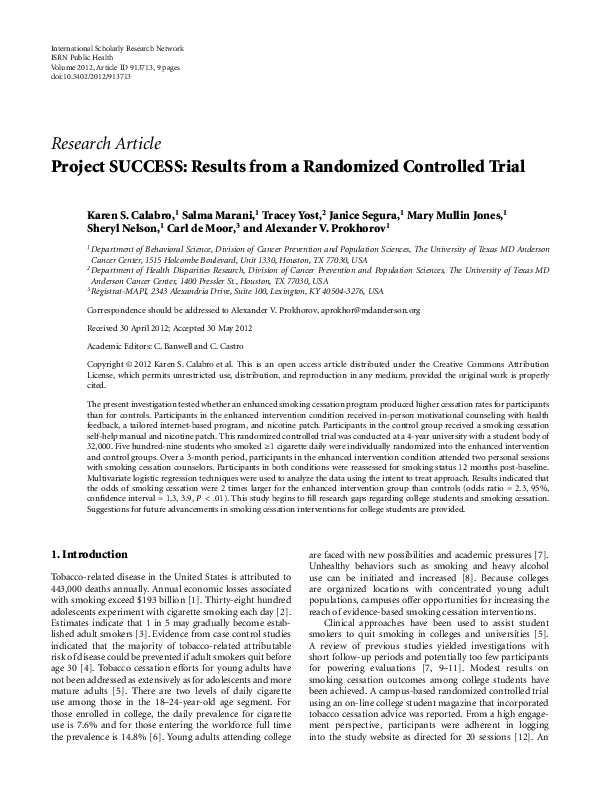 (PDF) Project SUCCESS: Results from a Randomized Controlled Trial