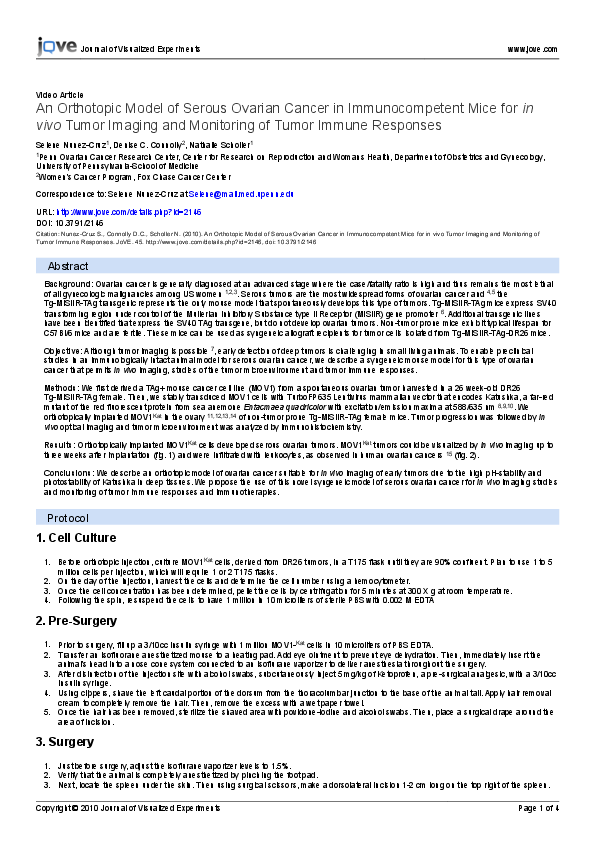 (PDF) Video Article An Orthotopic Model of Serous Ovarian Cancer in ...