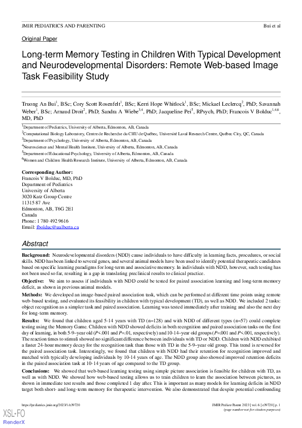 (PDF) Long-term Memory Testing in Children With Typical Development and ...