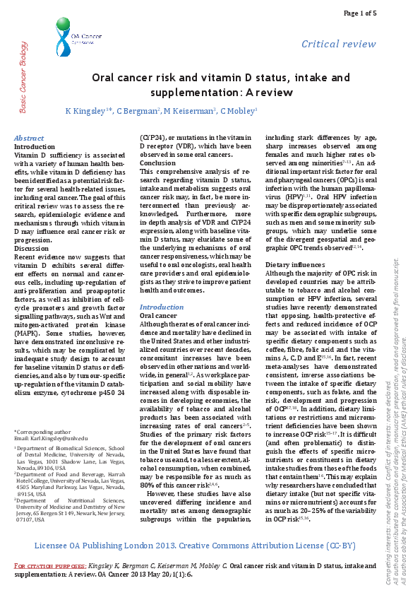 (PDF) Oral cancer risk and vitamin D status, intake and supplementation ...