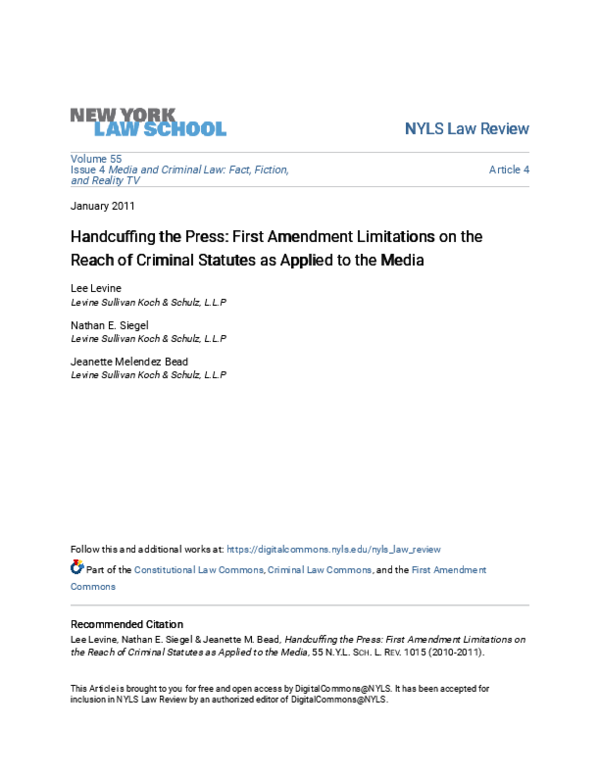 (PDF) Handcuffing the Press: First Amendment Limitations on the Reach ...