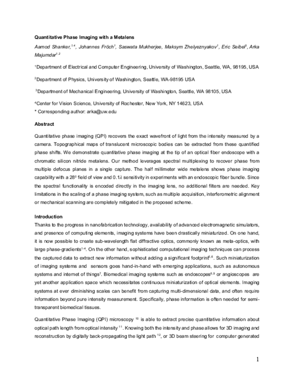 (PDF) Quantitative Phase Imaging with a Metalens