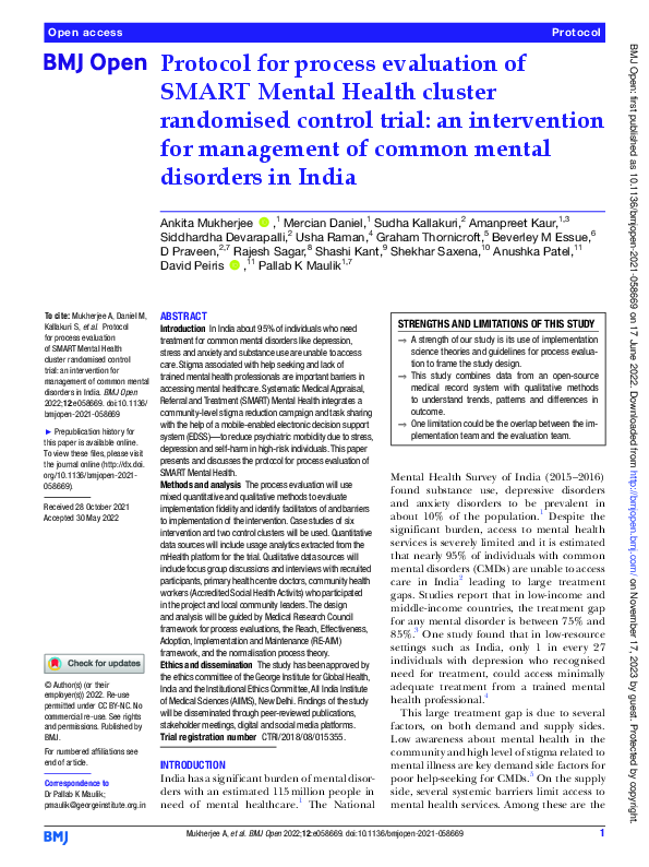 (PDF) Protocol for process evaluation of SMART Mental Health cluster ...