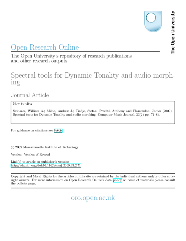 (PDF) Spectral Tools for Dynamic Tonality and Audio Morphing