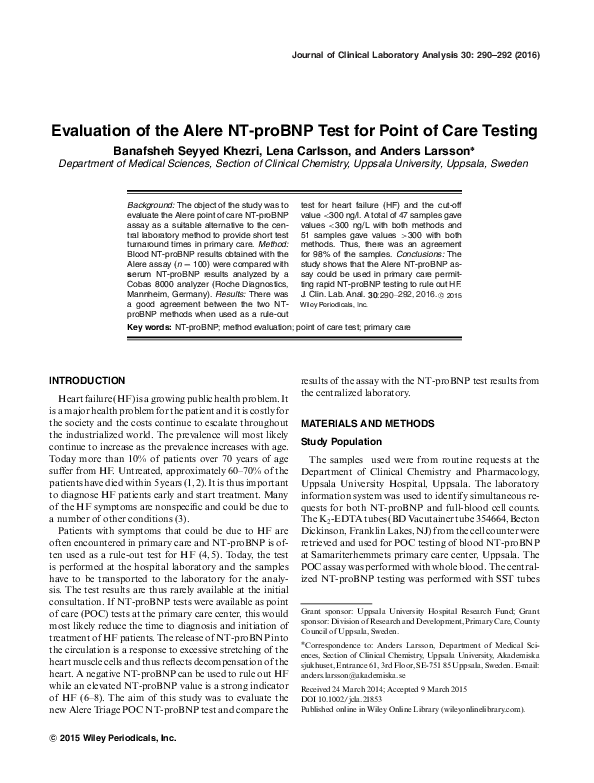(PDF) Evaluation of the Alere NT-proBNP Test for Point of Care Testing