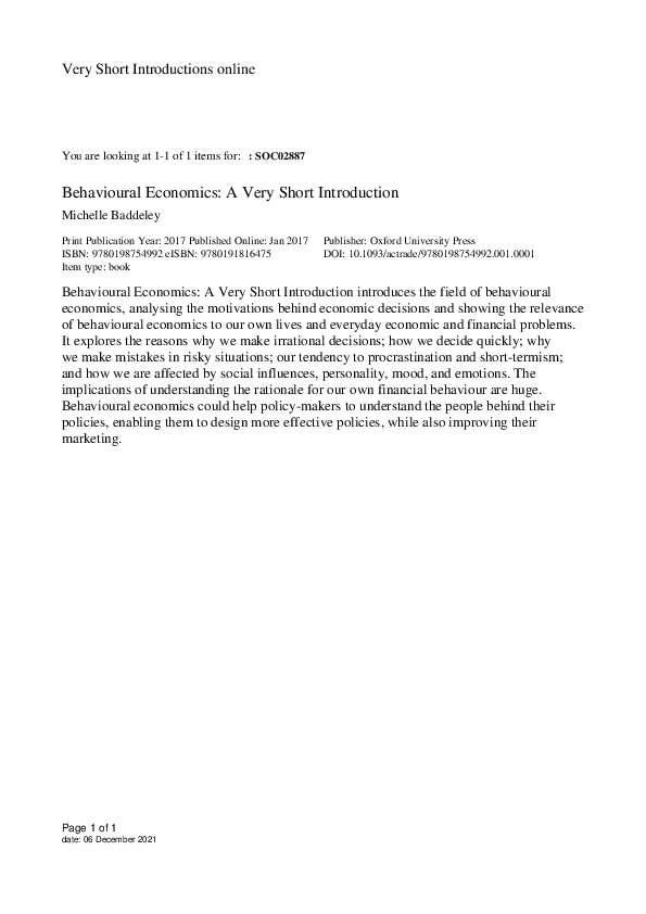 (PDF) Behavioural Economics: A Very Short Introduction