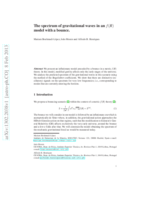 (PDF) The Spectrum of Gravitational Waves in an f(R) Model with a Bounce