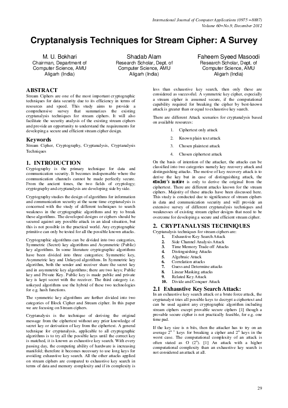 (PDF) Cryptanalysis Techniques for Stream Cipher: A Survey