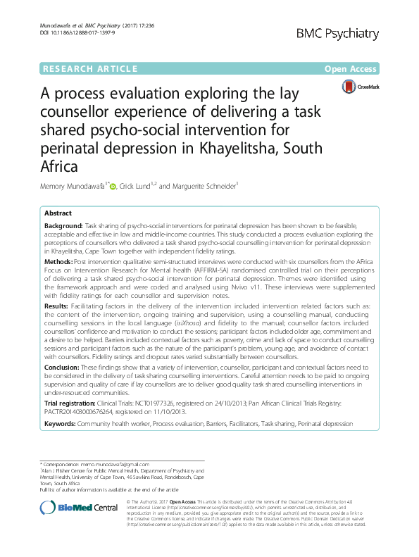 (PDF) A process evaluation exploring the lay counsellor experience of ...