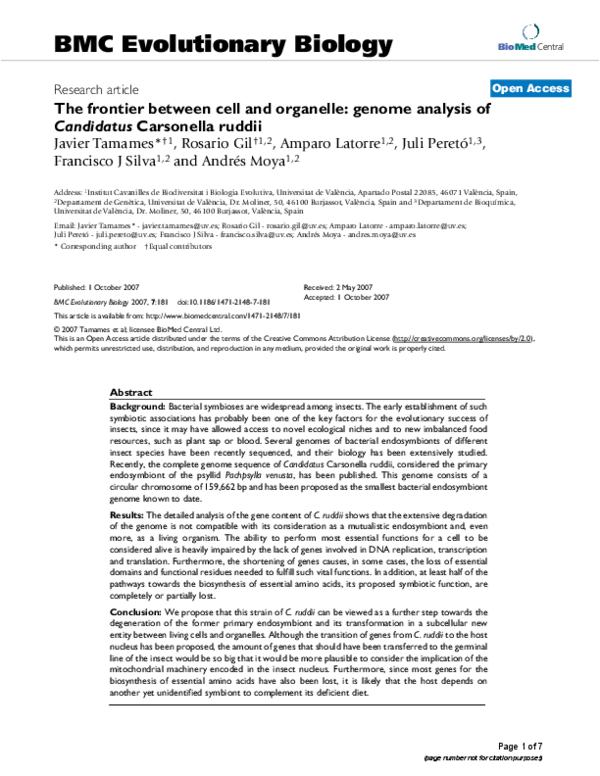 (PDF) The frontier between cell and organelle: genome analysis of ...