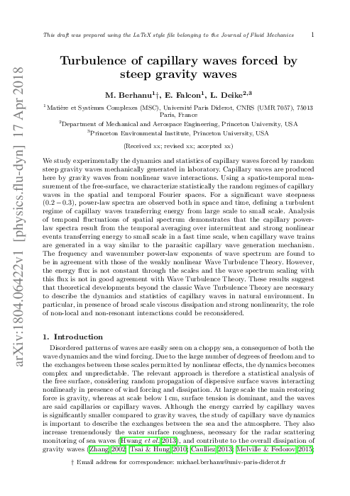 (PDF) Turbulence of capillary waves forced by steep gravity waves
