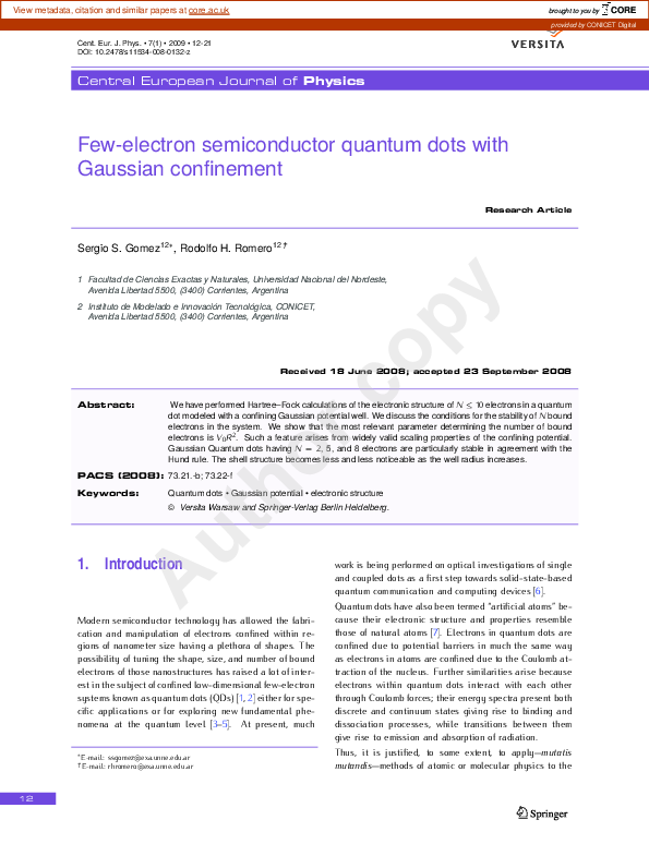 (PDF) Few-electron semiconductor quantum dots with Gaussian confinement