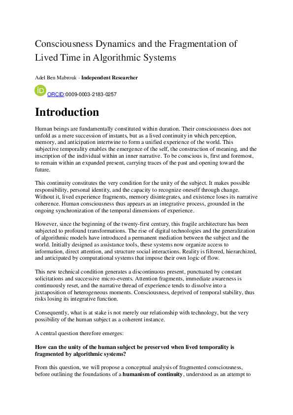 (PDF) Consciousness Dynamics and the Fragmentation of Lived Time in ...