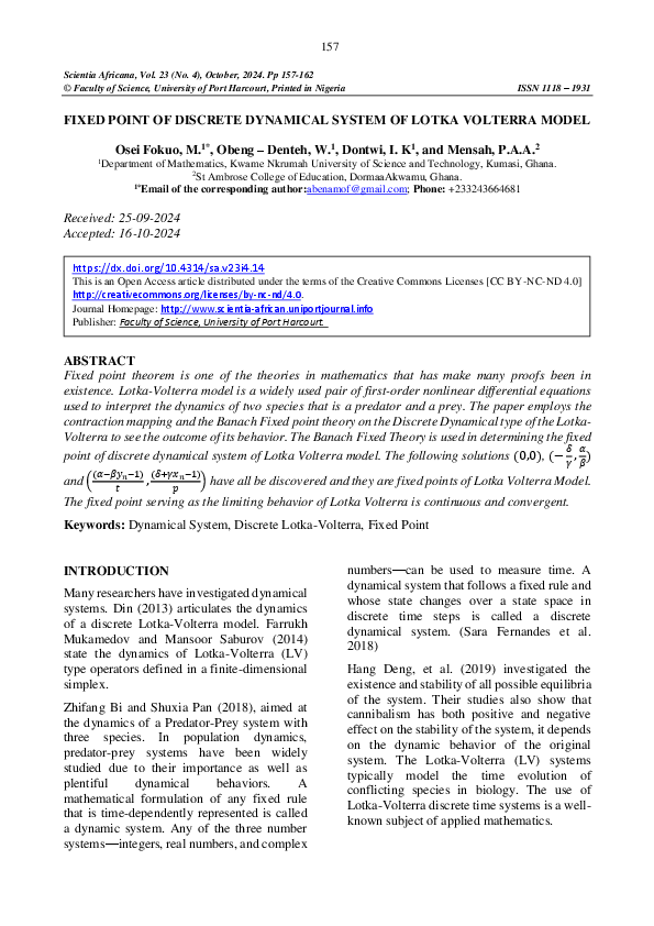 (PDF) FIXED POINT OF DISCRETE DYNAMICAL SYSTEM OF LOTKA VOLTERRA MODEL